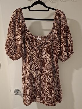 Mango Chocolate Brown Tropical/Floral Cut-out Milkmaid Mini Dress (Size L)